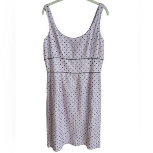 💜Donna Ricco linen blend dress size 10. Lavender w embroidered navy polka dots